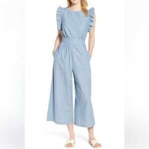 1901 Nordstrom Ruffle Sleeve Crop Wide Leg Romper Cotton Chambray Blue Size 14